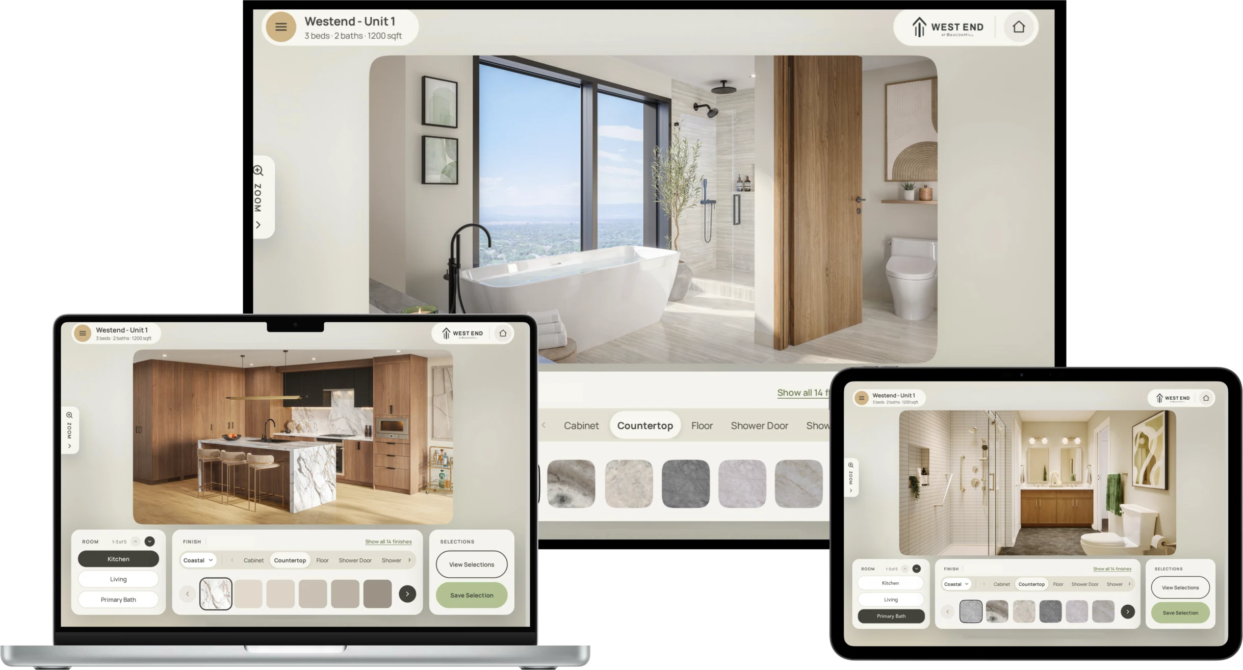 CustomSpace running on a sales center touchscreen, a laptop and an iPad